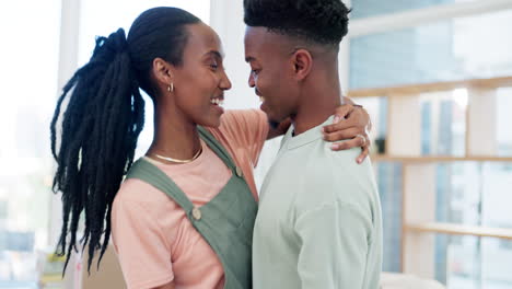 dance, happy couple and celebrate moving to new
