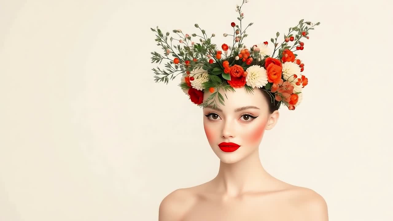 Flower crown artist shines. A model displays a stunning floral crown made of red and white flowers, highlighting beauty and creativity in fashion.