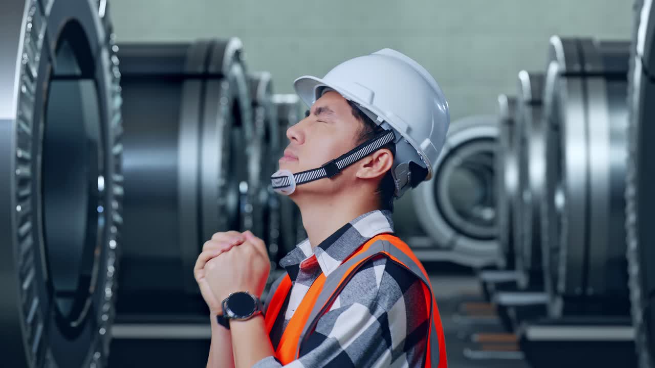 안전 헬을 입은 아시아 남성 엔지니어가 금속 공장에서 서 있는 동안 무언가를 위해 기도하는 가까운 측면 뷰