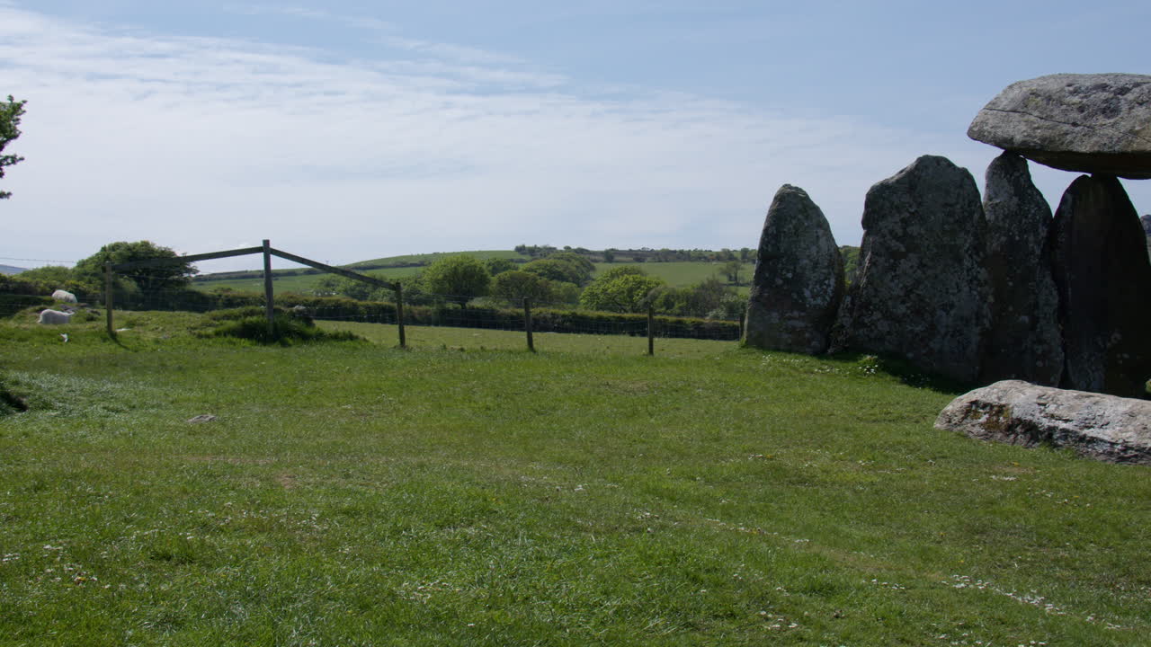 Panning shot left to right of Pentre Ifan Burial chamber at Nevern