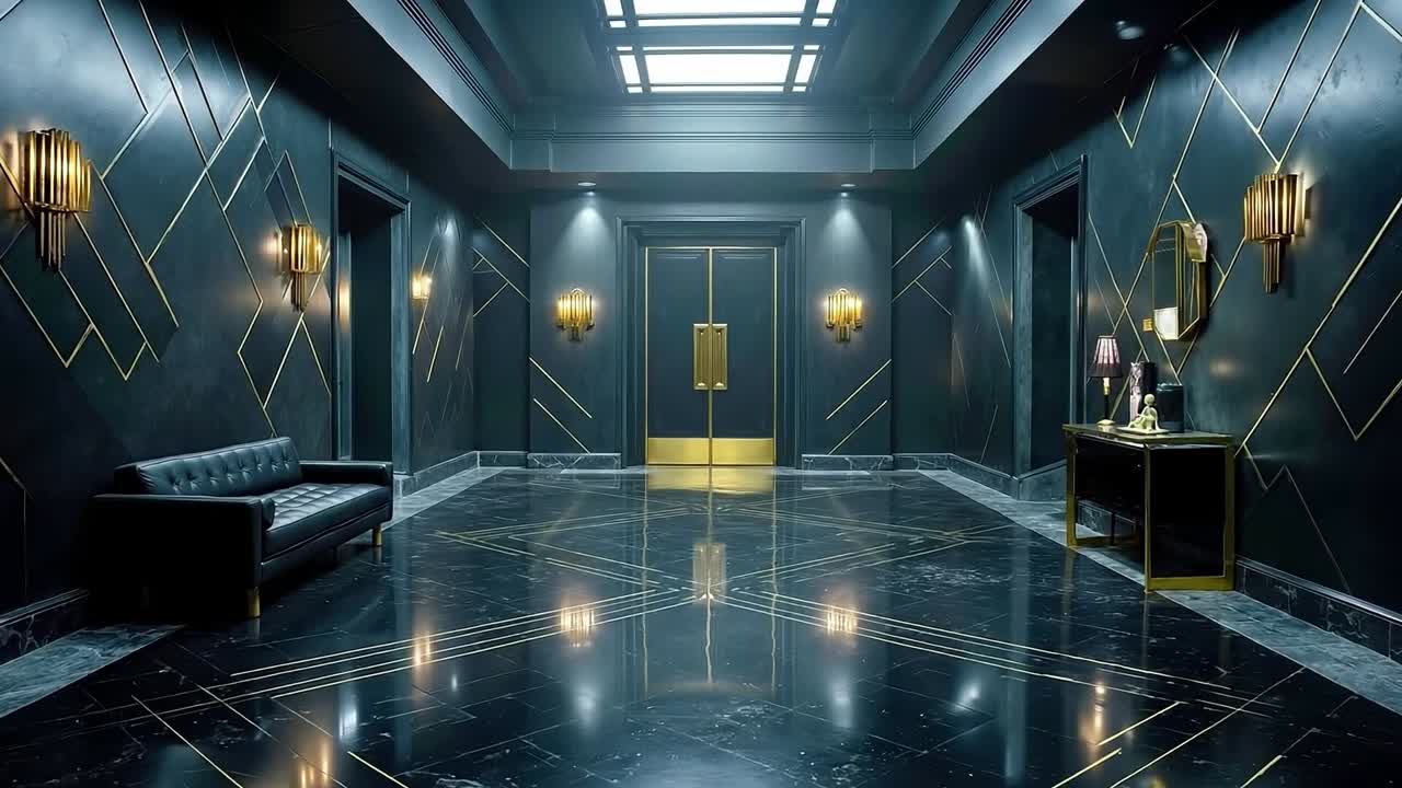 A black and gold lobby with a black couch and a black chair