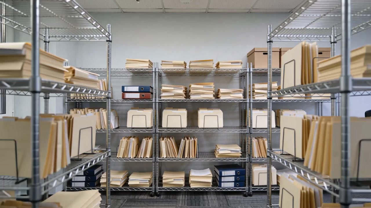 Pulling back camera revealing metal wire shelving unit in records room, showing folders for audit