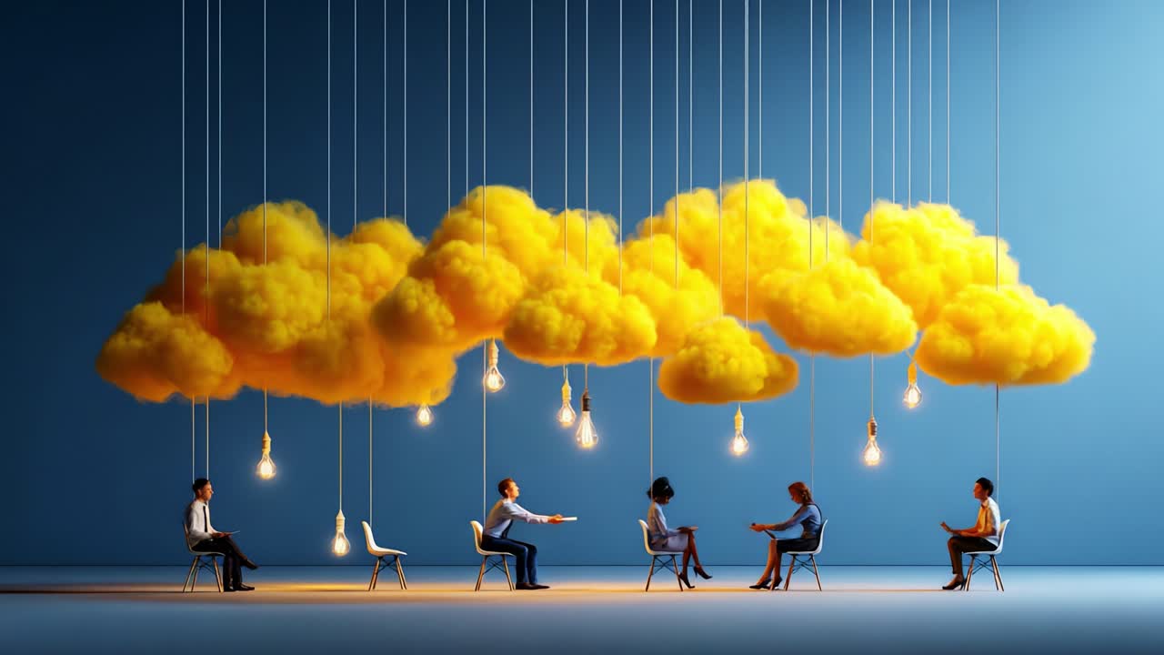 A group of individuals engaging in a thoughtful discussion beneath vibrant yellow clouds and glowing light bulbs, representing creativity, innovation, and shared ideas in a modern setting