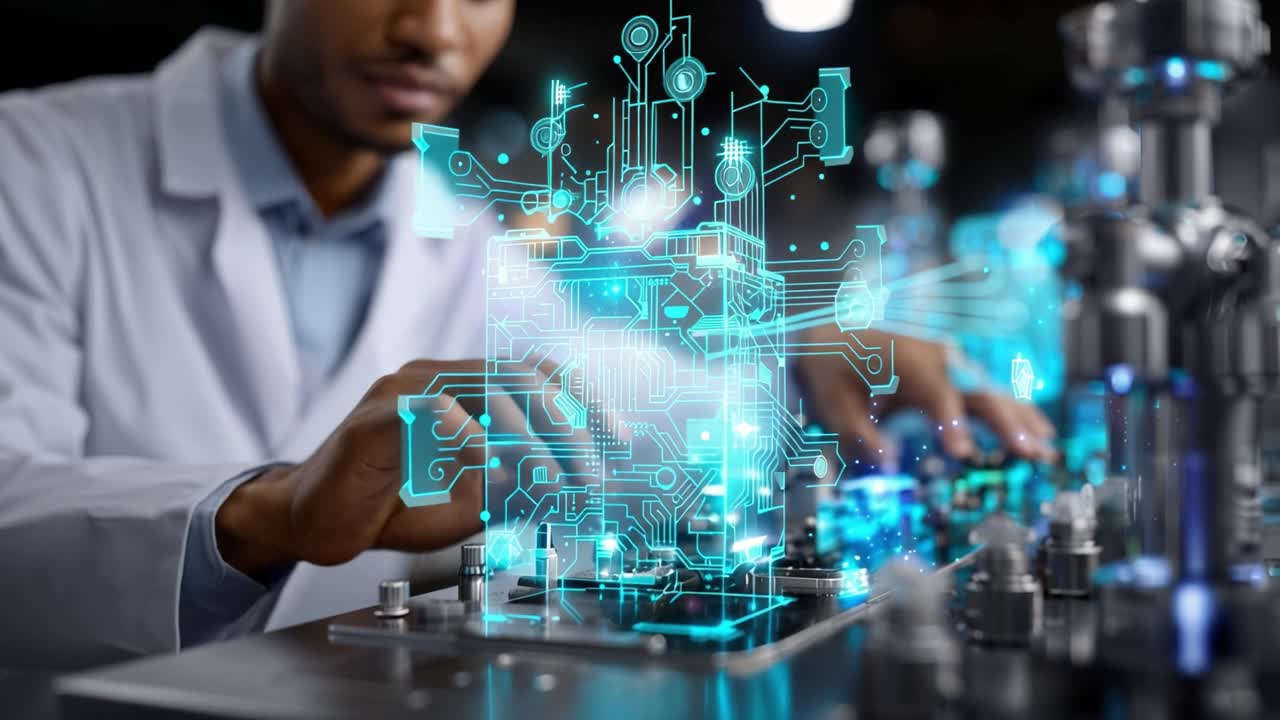 Focused scientist interacts with glowing holographic circuitry. Hand gestures suggest deep engagement with digital research. Blue light emanates from virtual interface, blending tech and lab