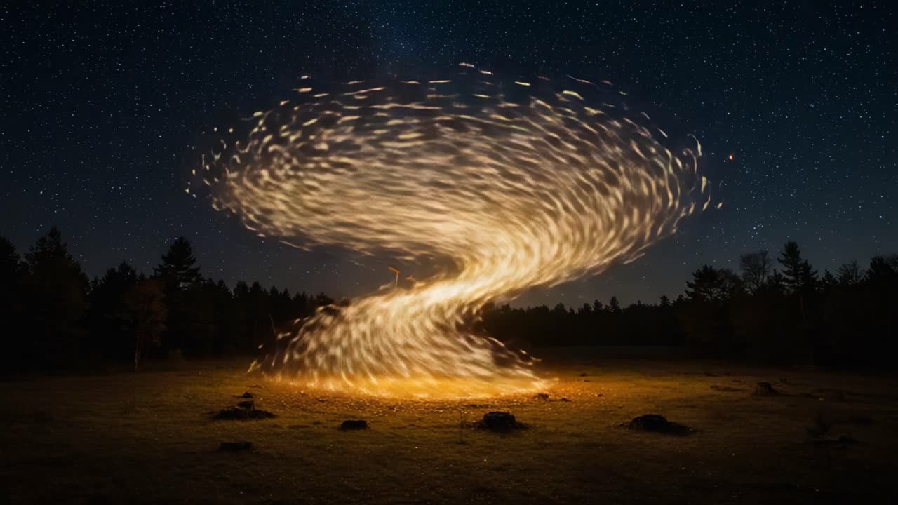 Captivating Nighttime Swirl of Sparks and Fire: A Dynamic Display of Energy, Light, and Nature Under the Starry Sky
