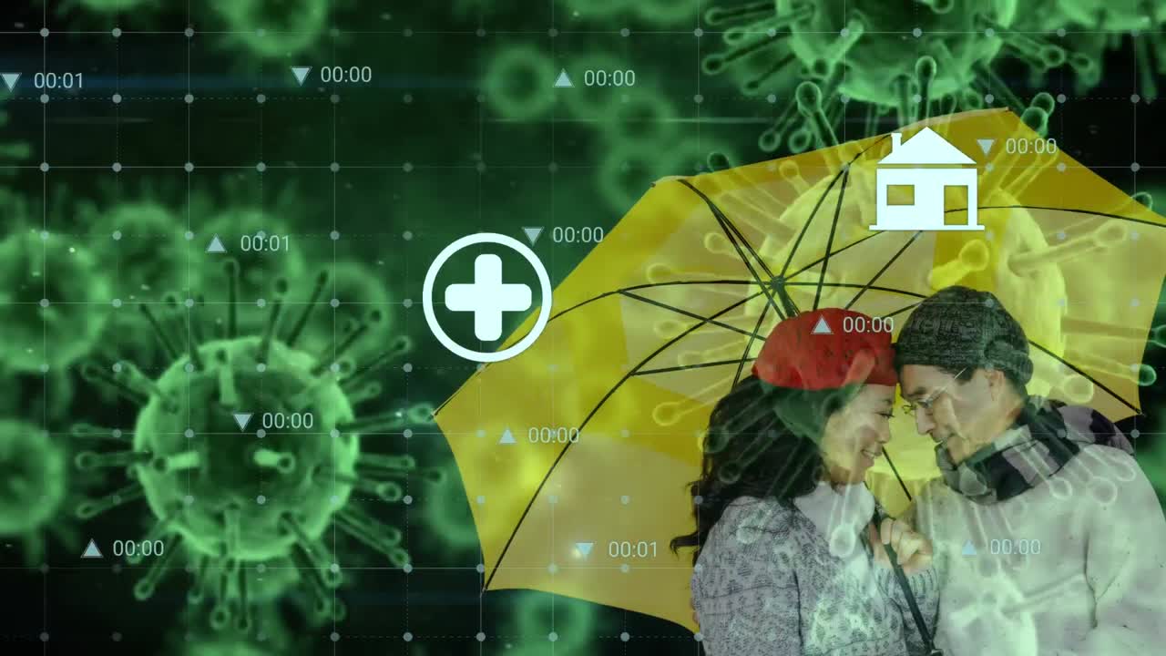 바이러스 세포와 아시아 커플에 대한 데이터 처리 애니메이션