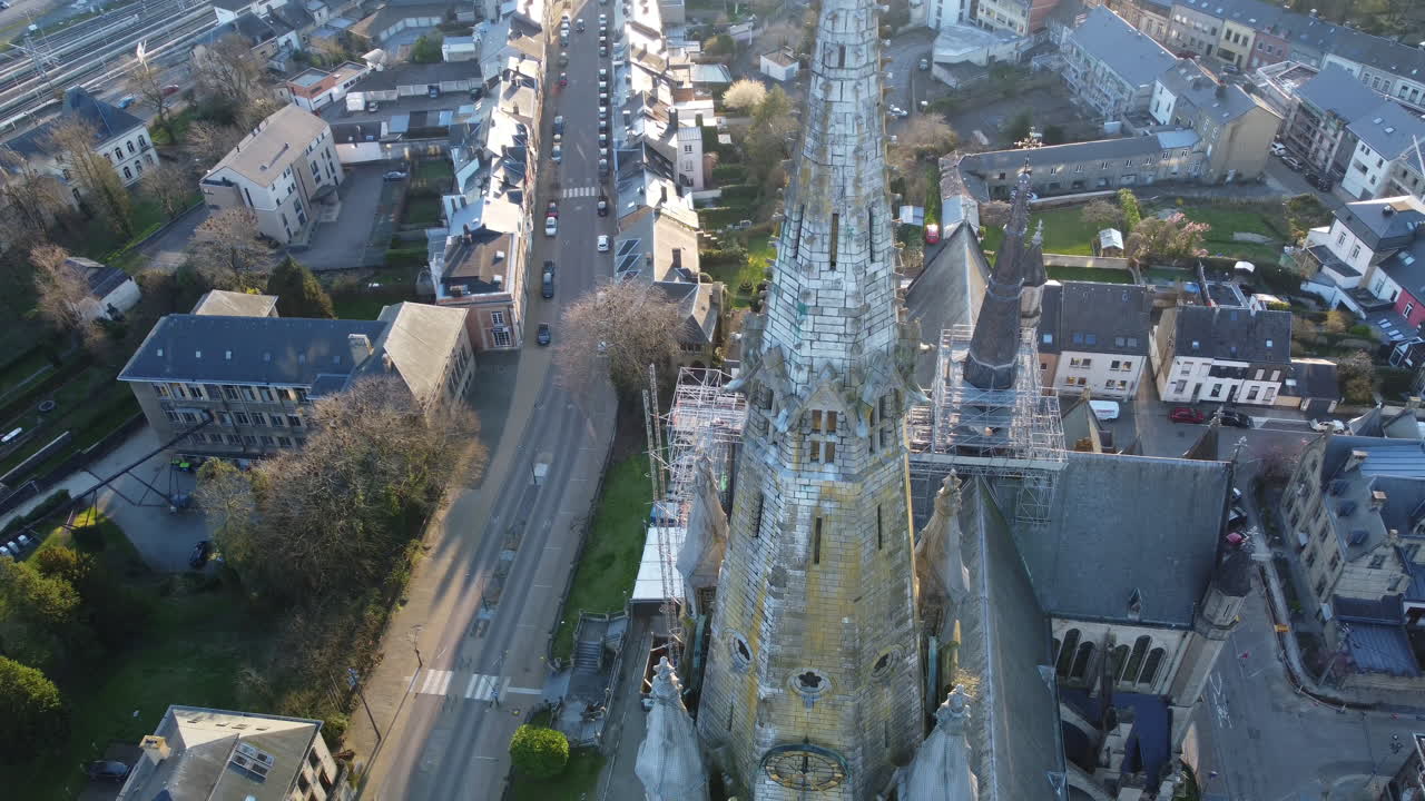 Aerial View of a Church Under Repair in a Belgian Town