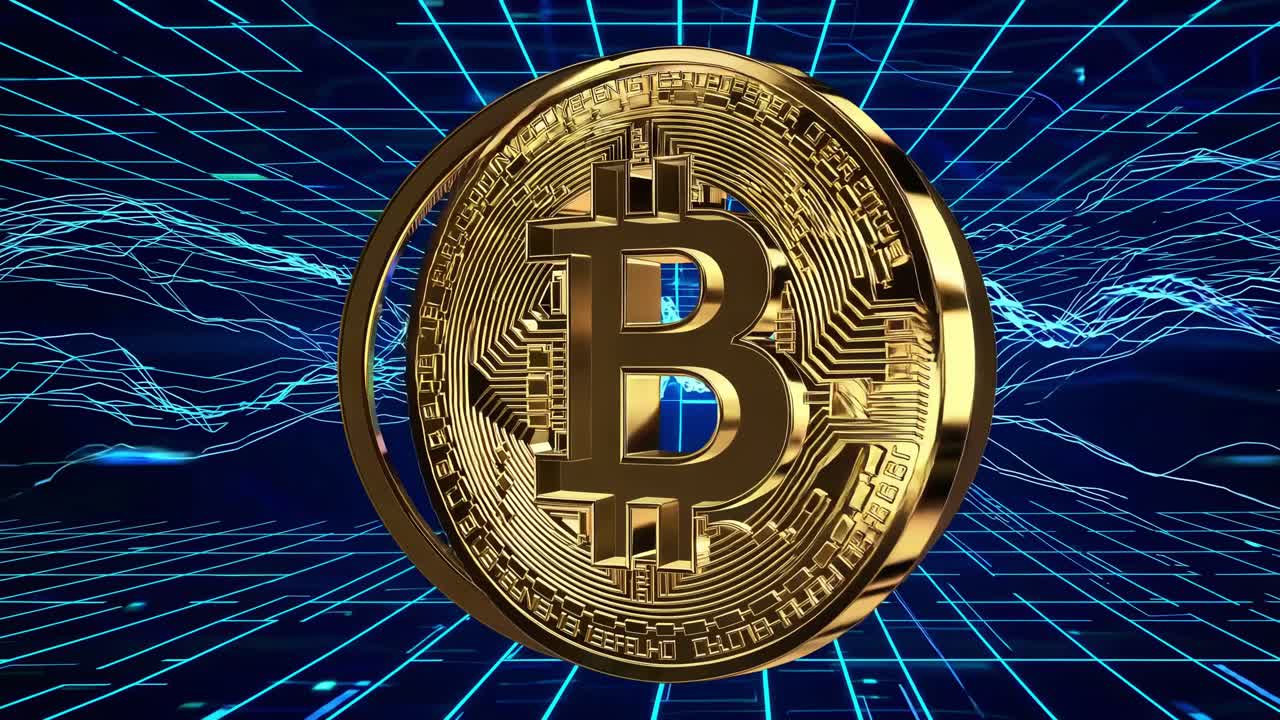 Rotating golden bitcoin symbol within golden ring, illuminating futuristic blue digital landscape with glowing technological network elements symbolizing cryptocurrency finance