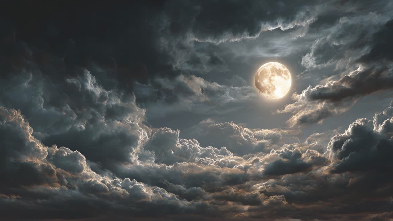 A Majestic Moon Illuminates a Dramatic Sky with Dark Clouds, Creating a Mystical Atmosphere and Evoking Thoughts of Nature's Beauty and Grandeur