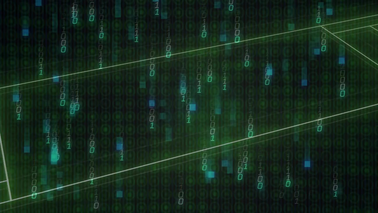 Scanlines starting white lines, wireframe plane forming as binary rain cascades, showing scan