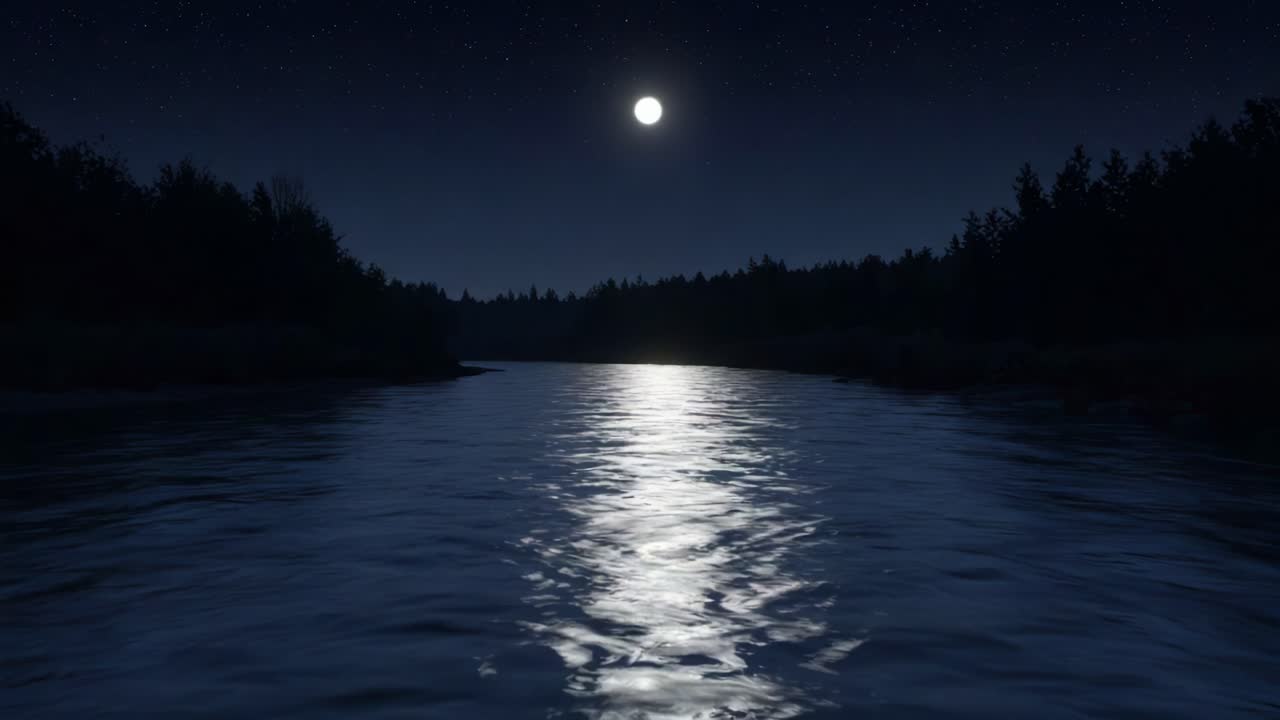 Eine ruhige Nacht am Wasser: Ein beleuchteter Fluss unter hellem Mondlicht mit Sternenhimmel und Waldspiegelung schafft eine friedliche Atmosphäre.