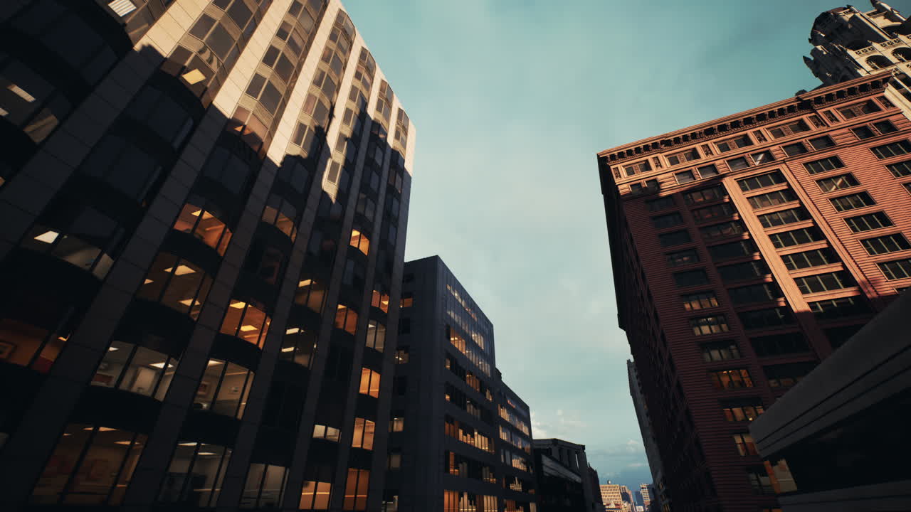 Entorno urbano dinámico con oficinas iluminadas y calles concurridas al anochecer.