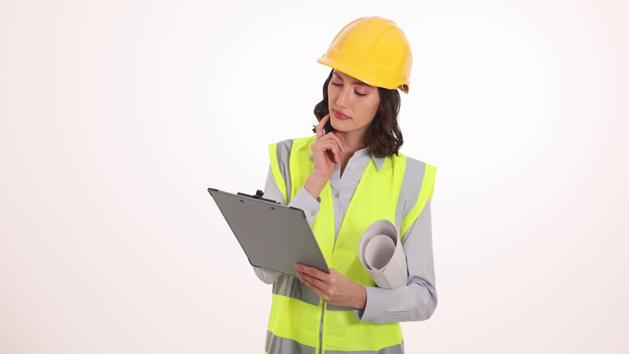 Thoughtful Female Engineer or Construction Worker Holding Clipboard and Blueprints