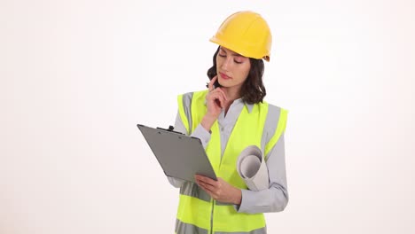 thoughtful female engineer or construction worker holding clipboard and blueprints