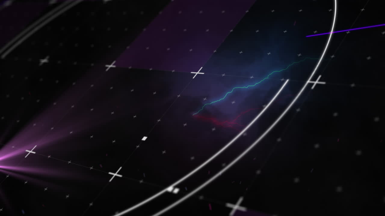 Animation of circular scanner and scopes over colourful electrical currents on black background