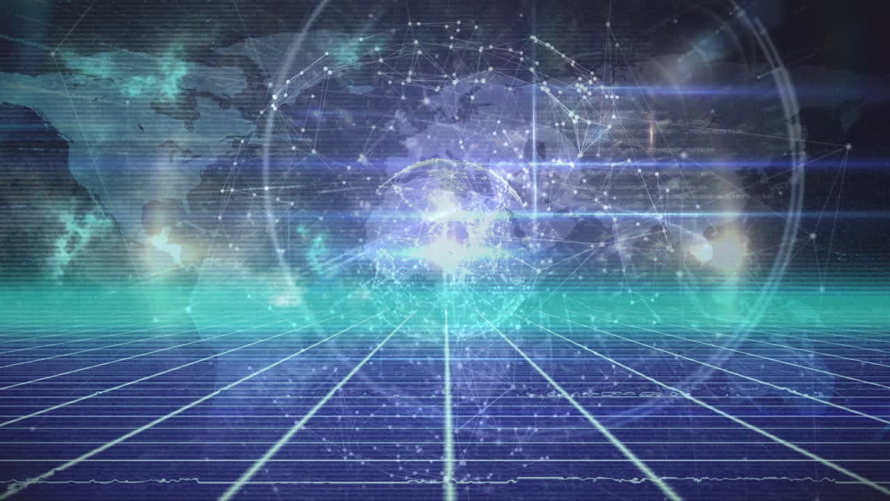 검은색 배경에 있는 세계 지도 위의 연결 네트워크의 애니메이션