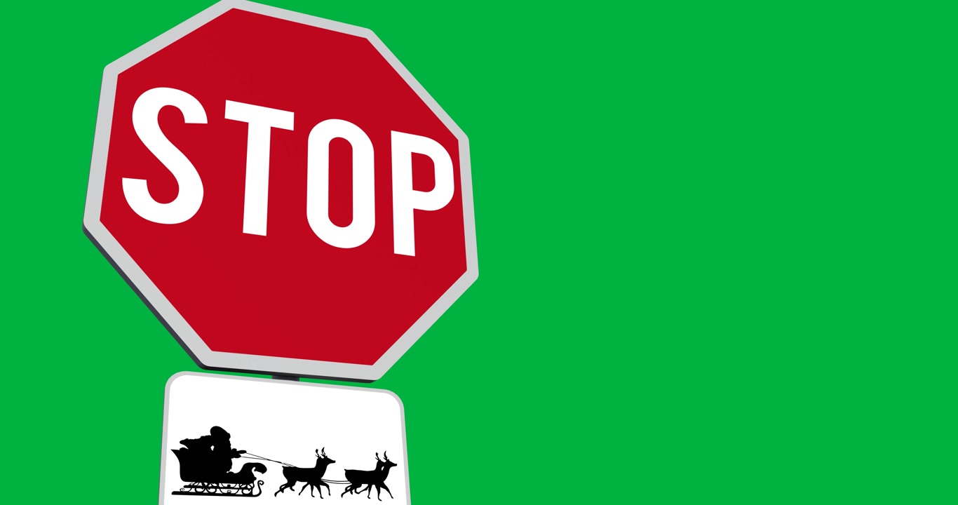 Testo animato "stop" e insegna di Babbo Natale sulla slitta per la celebrazione natalizia