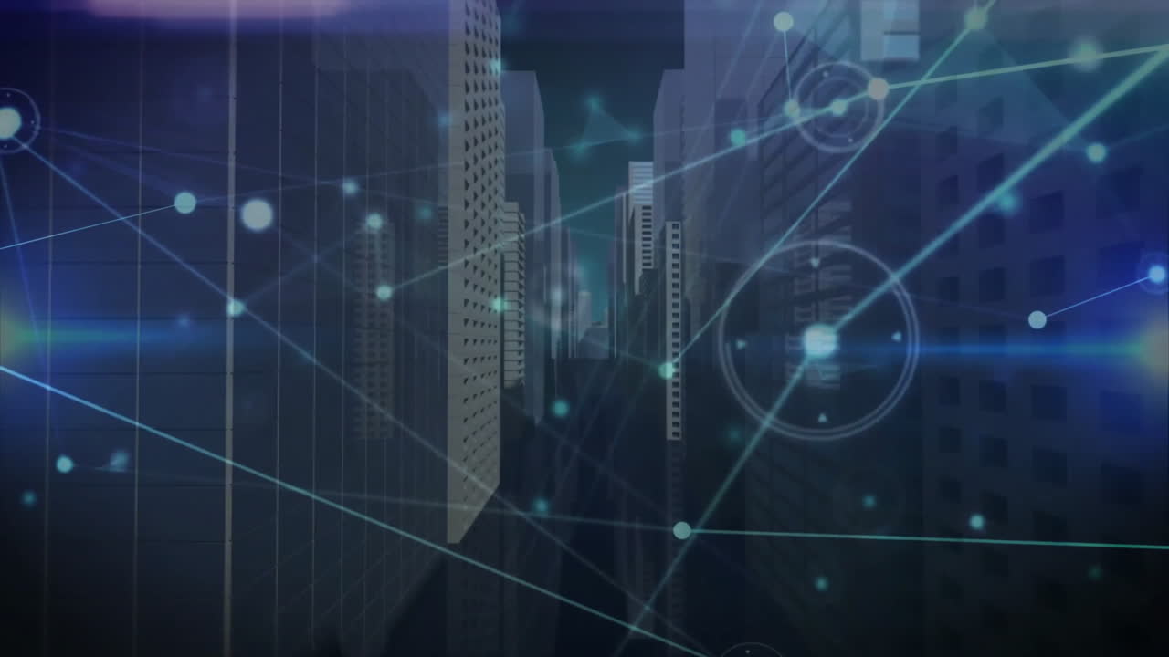 Digital network connections and data points animation over cityscape