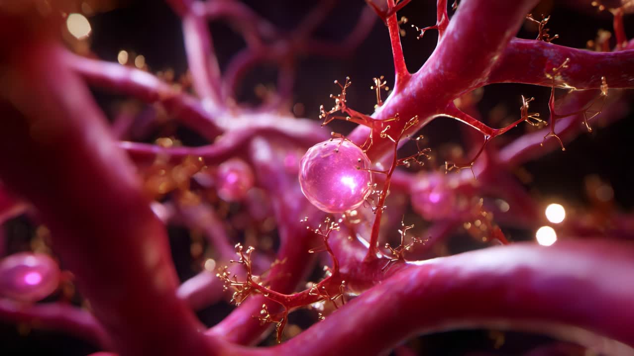 Close-up View of Intricate Neural Network with Vibrant Pink Neurons and Glowing Cells, Showcasing the Complex Interactions within the Nervous System