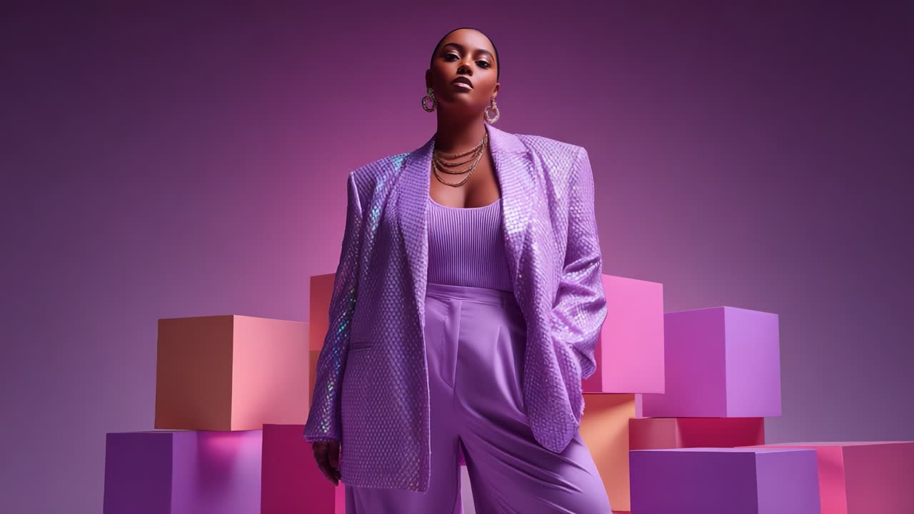 Stylish Fashion Portrait Featuring a Confident Model in a Shimmering Purple Blazer Surrounded by Colorful Cubes in a Softly Lit Studio Setting