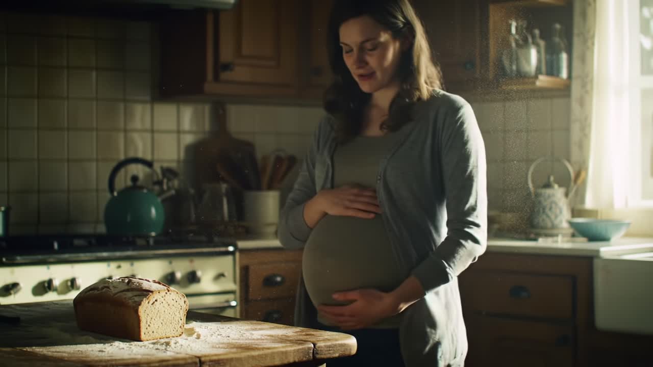A joyful moment captured in a cozy kitchen as an expectant mother gently cradles her baby bump while admiring freshly baked bread on the table, reflecting love and anticipation