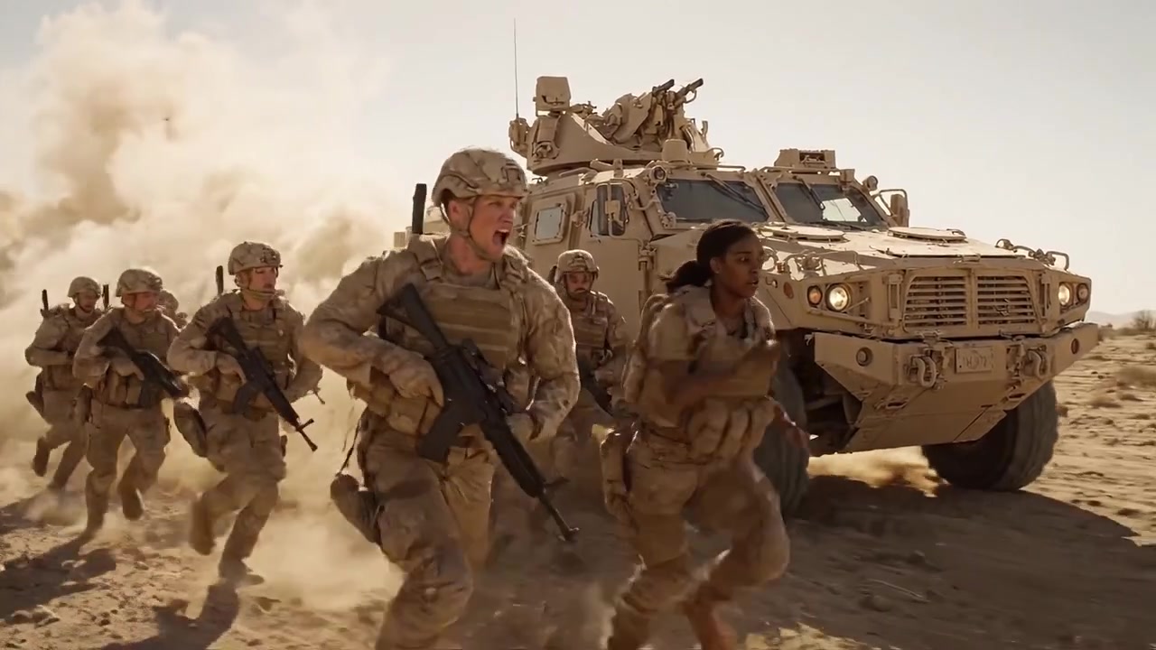 Military Operation in Desert Terrain: Soldiers Advancing in Tactical Formation with Armored Vehicle Under Dusty Conditions