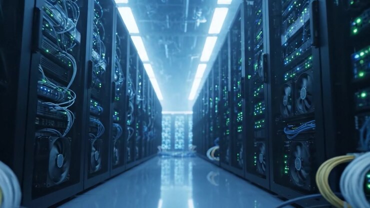 Intricate Data Center Setup Showcasing Powerful Server Racks with Vibrant Blue and Green LED Indicators in a High-Tech Environment