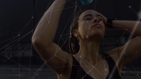 Animation-of-connections-over-fit-biracial-woman-pouring-with-water