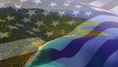 composición digital de agitar la bandera de los estados unidos contra la vista aérea del mar