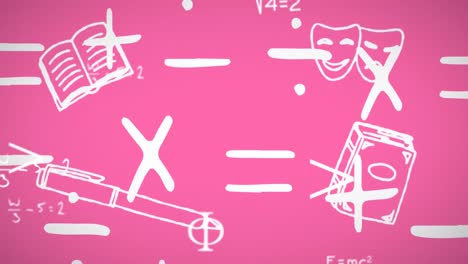 Mathematical-symbols-and-equations-floating-against-school-concept-icons-on-pink-background