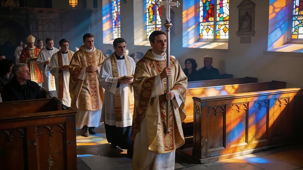 Entering nave, priest wearing gold chasuble carrying processional cross walking aisle for worship