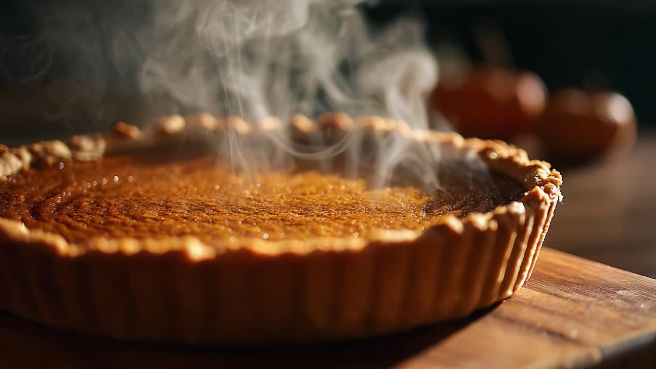 Aromatic Pumpkin Pie Fresh from the Oven with Distinct Steam Rising, Perfectly Golden Crust Showcasing the Warm Comfort of Autumn in Every Slice
