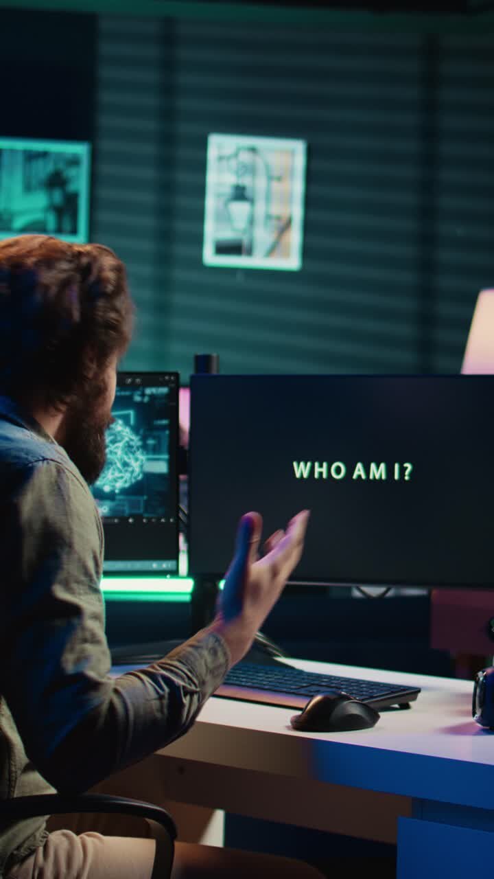 Frustrated Programmer Reacts to 'Who Am I?' Message on Computer Screen
