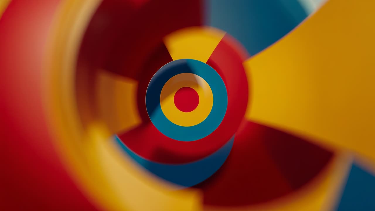 Opening shot moving camera through rotating segmented rings in red yellow blue spiral tunnel