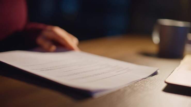 Closeup female hands reviewing paper documents on desk. Businesswoman late work