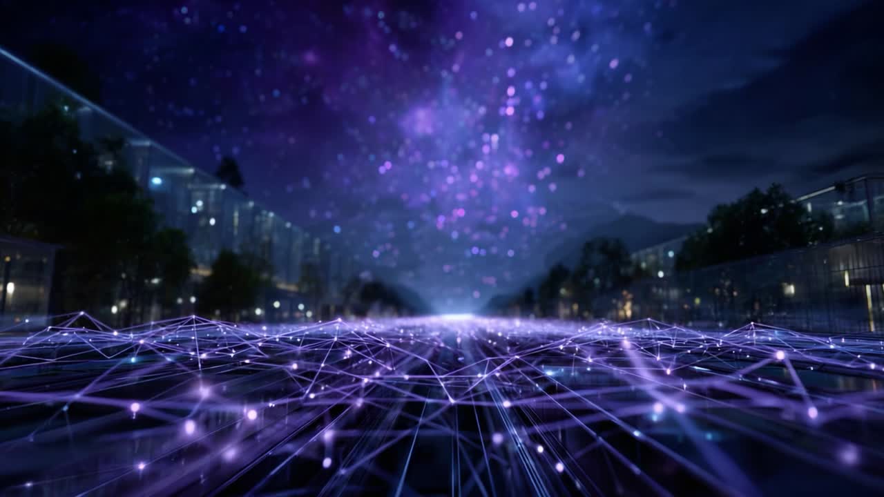 A Captivating Visualization of a Futuristic Network Landscape at Night, Featuring Glowing Nodes and Dynamic Light Patterns, Evoking a Sense of Connectivity and Digital Transformation in a Modern Environment