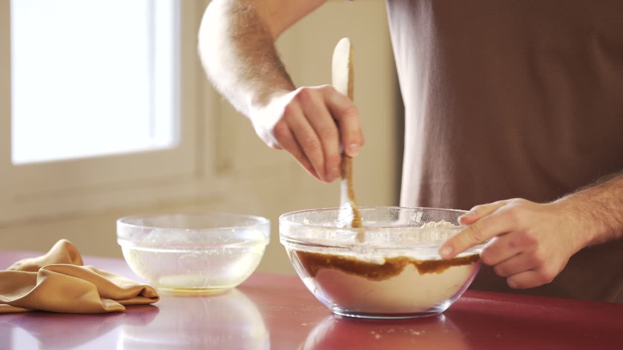 Man making vegan meat. Process, how to cook seitan