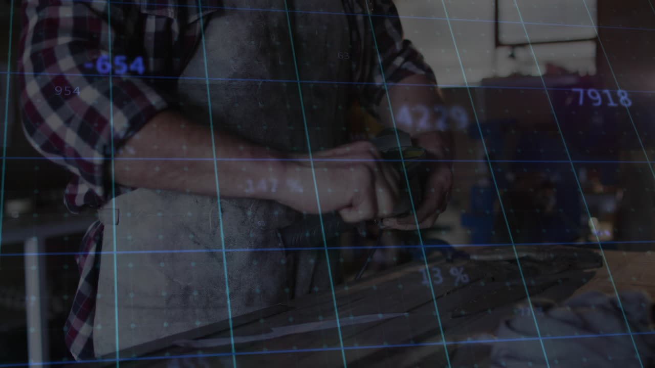 Craftsman sanding plank at carpentry shop, revealing digital grid updating smoothing progress