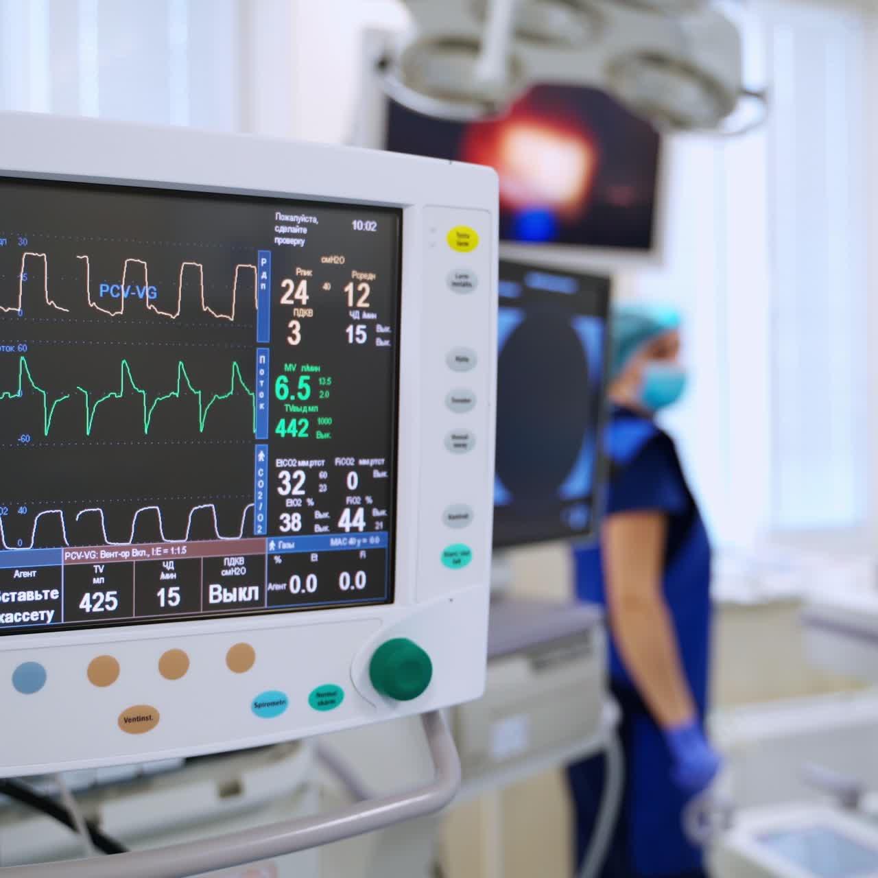 Medical equipment for artificial lungs ventilation. Life support equipment. Medical monitor with graphics of work of patient's lungs in the operating theatre.