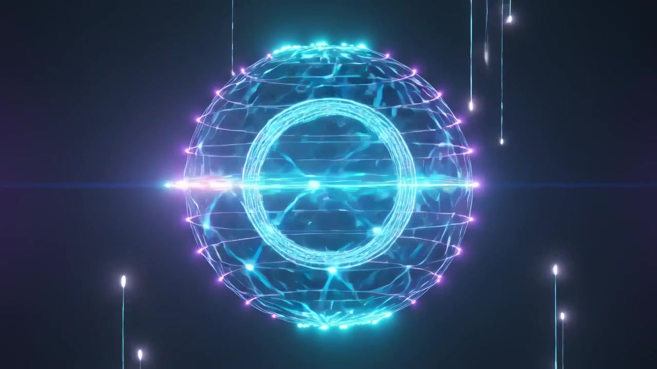 Pulsing sphere with cyan ring, magenta mesh in studio emitting cyan sweep, syncing falling nodes