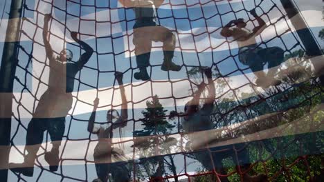 animation of flag of greece over soldiers climbing exercising outdoors