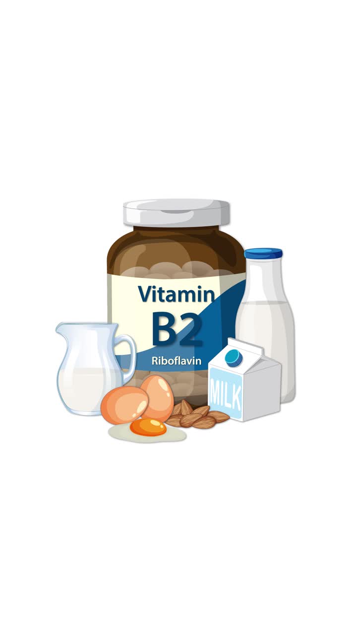 Botol Vitamin B2 dengan telur, susu, almond, dan teko muncul di latar belakang putih bersih.