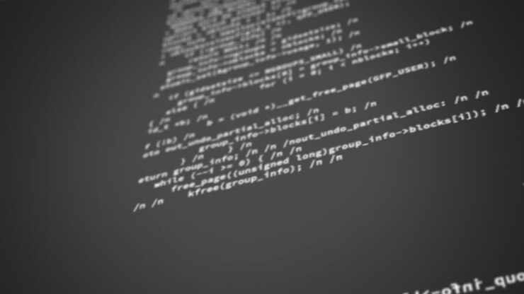 Digital animation of computer interface and digital data processing against grey background