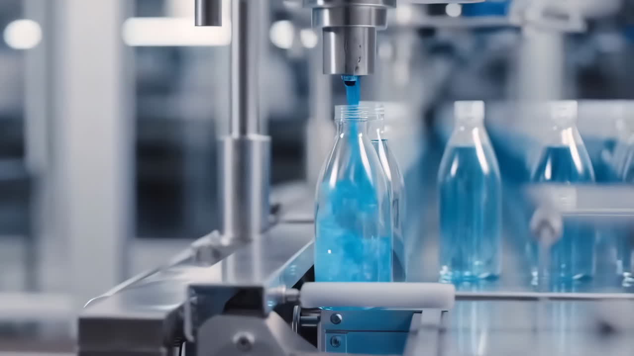 Automated Bottling Line Filling Blue Liquid into Bottles