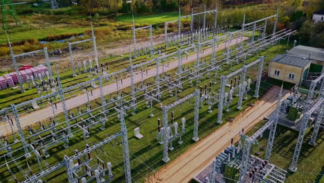 electrical power substation with pylon tower and transformer