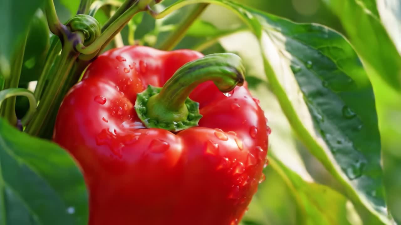 Vibrant and Fresh Red Bell Pepper Growing on a Plant with Raindrops, Showcasing the Beauty of Nature's Harvest in a Lush Green Environment