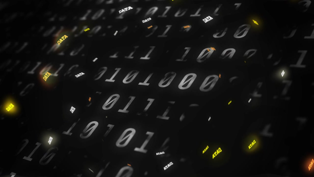 Video verticale: Griglia binaria che si sposta, rivelando un vuoto oscuro e trascinando tag DATA in un vortice tecnologico.
