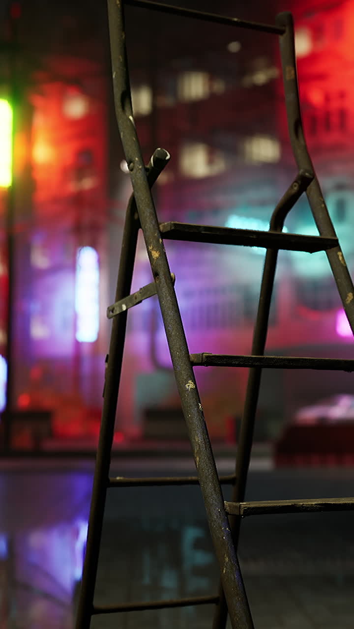 Una escalera de metal oxidada delante de luces de neón