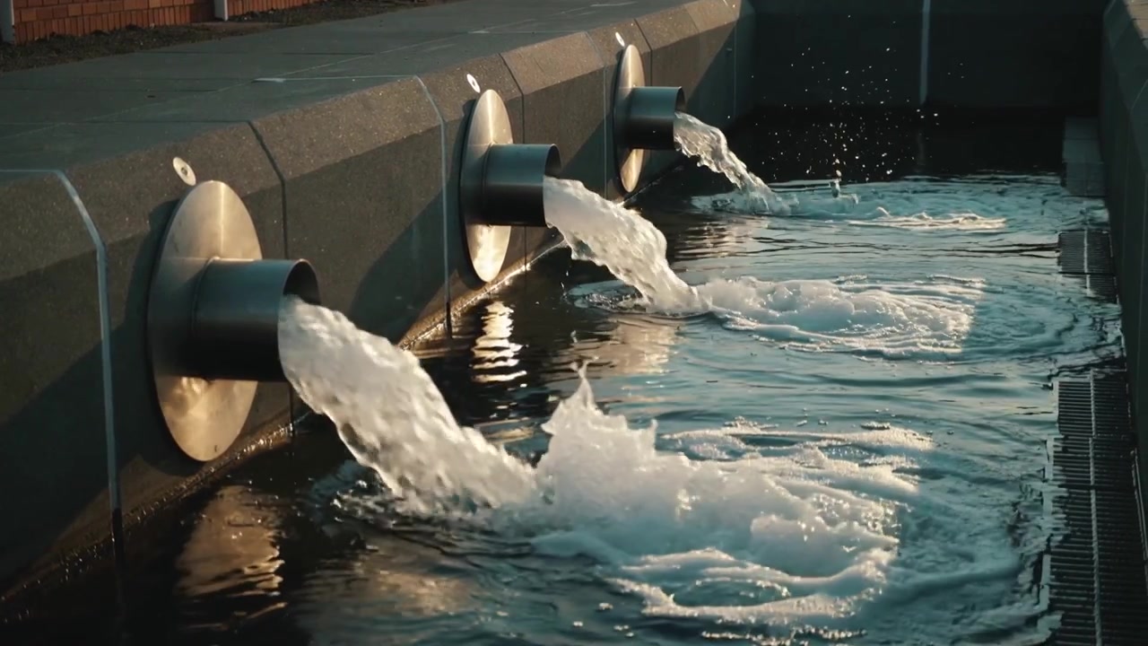 Lo zampillo sinistro erutta, mentre tre ugelli metallici emettono getti d'acqua nella vasca di una piazza per uno spettacolo, creando schiuma.