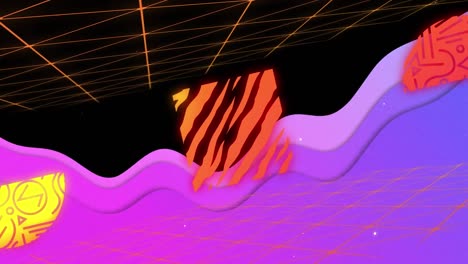 Animation-of-multi-coloured-abstract-shapes-and-purple-wave-on-black-background